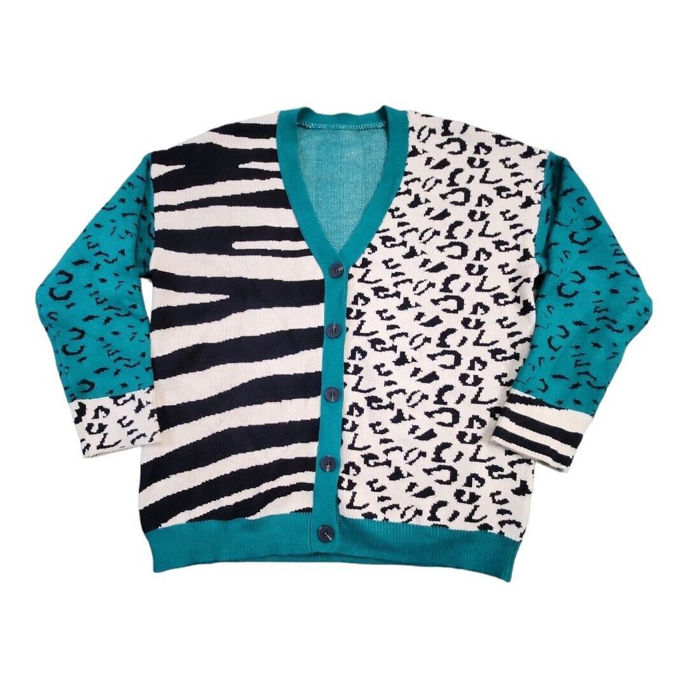 NWOT Women 80s 90s Cheetah Zebra Green Animal Print Buttons Cardigan Size Medium
